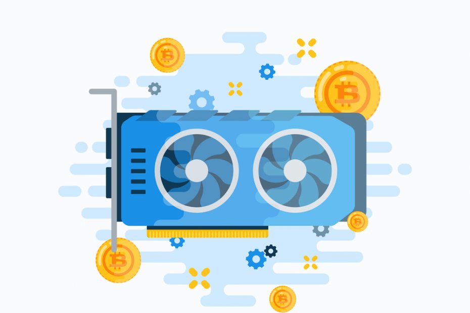 Crypto Currency Video Card Abstract Vector Sign, Symbol or Emblem Template. Flat Style GPU Bitcoin Mining Hardware Illustration. Personal Computer Component Icon.