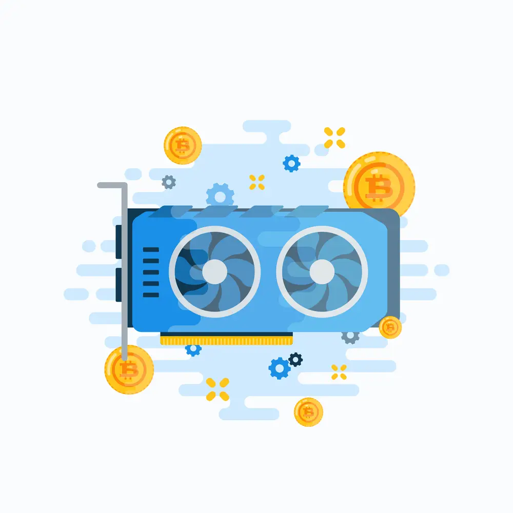Crypto Currency Video Card Abstract Vector Sign, Symbol or Emblem Template. Flat Style GPU Bitcoin Mining Hardware Illustration. Personal Computer Component Icon.