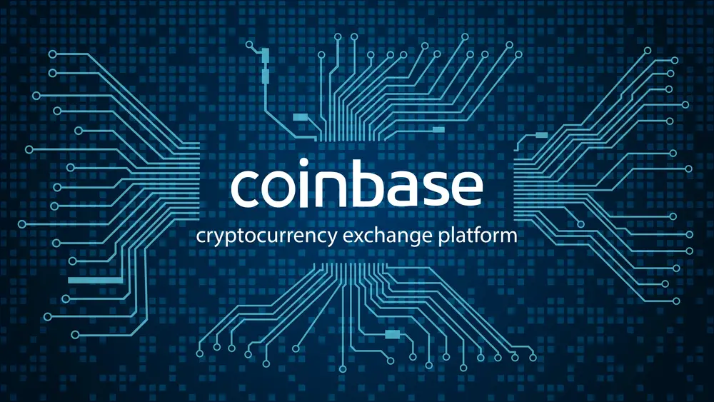 Coinbase cryptocurrency stock market name and printed circuit board on dark blue background. Crypto stock exchange banner for news and media. Vector illustration.